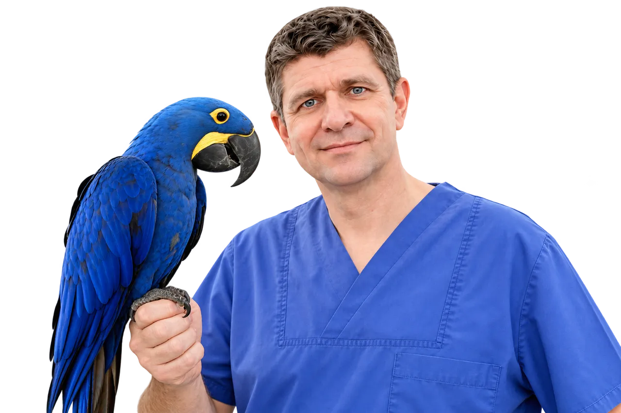 Tierarzt Dr. Bürkle mit blau gelbem Ara
